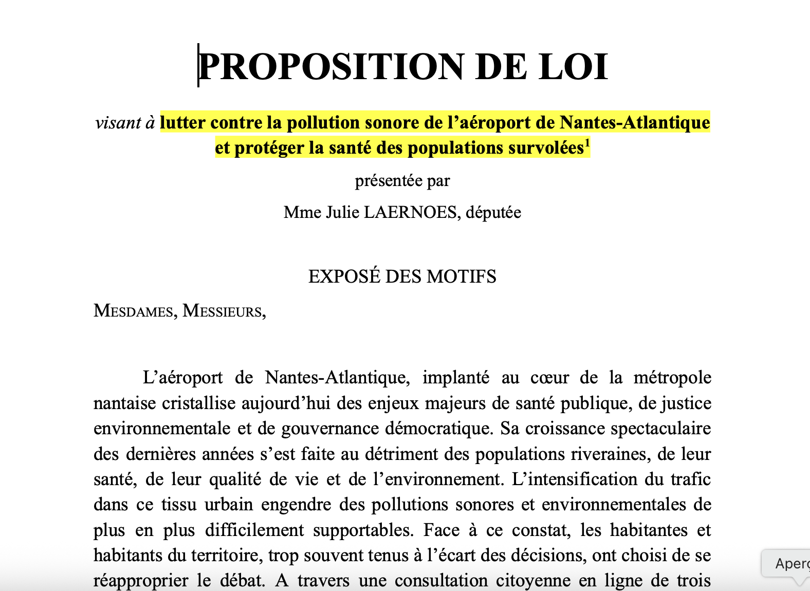 PROPOSITION DE LOI visant à lutter contre la pollution sonore de l’aéroport de Nantes-Atlantique et protéger la santé des populations survolées présentée par Mme Julie LAERNOES, députée EXPOSÉ DES MOTIFS